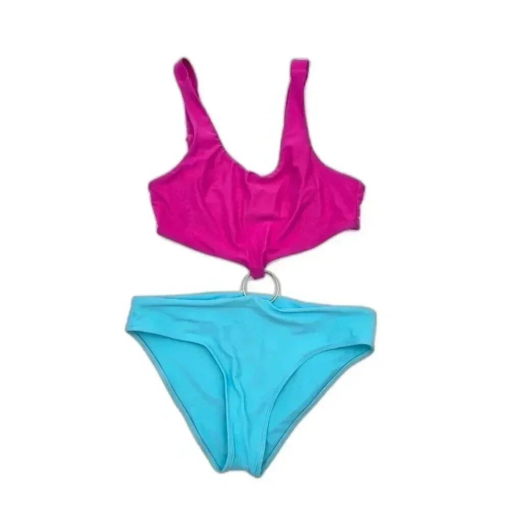3GN Pink Blue One Piece Cutout Bathing‎ Suit Silver Circle Swimwear Medium